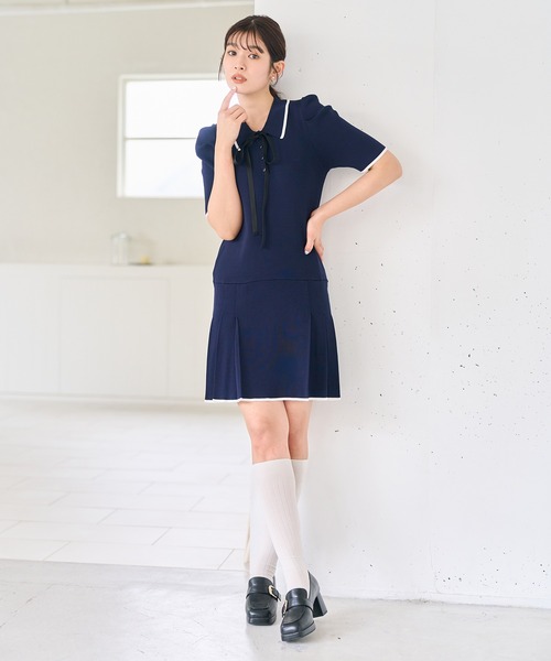 31 Sons de mode（トランテアン　ソン　ドゥ　モード）の「2026春夏新作 配色ポロニットワンピース（ワンピース・レディース・ブルー/イエロー/ネイビー・ﾌﾘ-）」の5枚目の写真