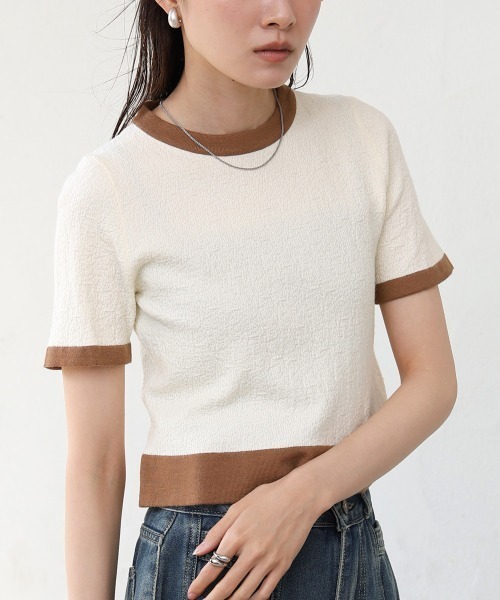 Bab(バブ)の「リンガーニットTシャツ(ニット/セーター・レディース・ブラック/グリーン/アイボリー・MEDIUM)」の2枚目の写真
