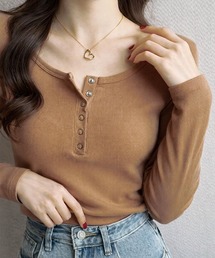 【EIZZ/アイズ】”カップ付き” Uネック ヘンリーネック 長袖 カットソー / ボタンデザイン スリムフィット ロンT