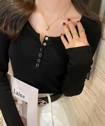 【EIZZ/アイズ】”カップ付き” Uネック ヘンリーネック 長袖 カットソー / ボタンデザイン スリムフィット ロンT