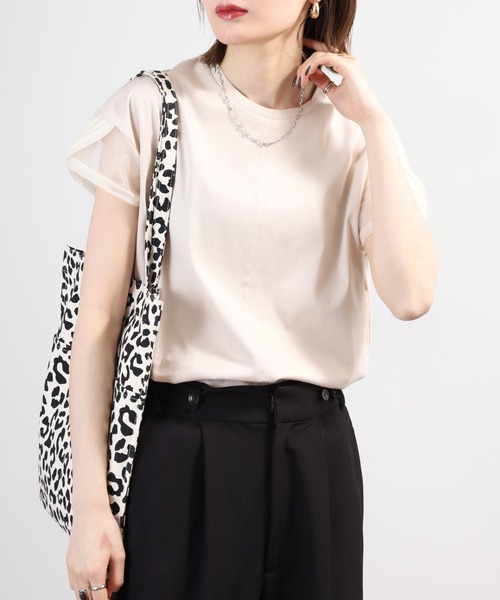 Anna Nicola(アンナニコラ)の「Anna Nicola 袖シアー切り替えカットソー 日本製 半袖(Tシャツ/カットソー・レディース・ブラック/キャメル/ベージュ・38)」の1枚目の写真