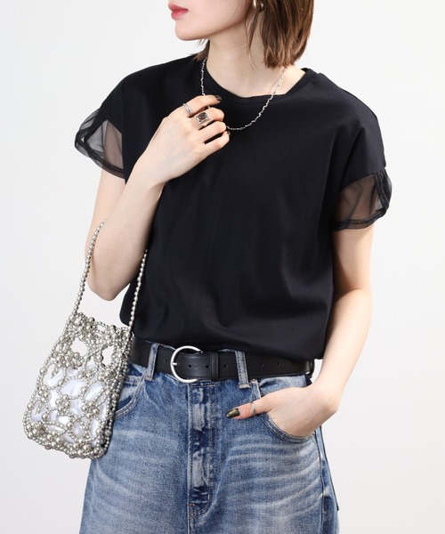 Anna Nicola(アンナニコラ)の「Anna Nicola 袖シアー切り替えカットソー 日本製 半袖(Tシャツ/カットソー・レディース・ブラック/キャメル/ベージュ・38)」の2枚目の写真