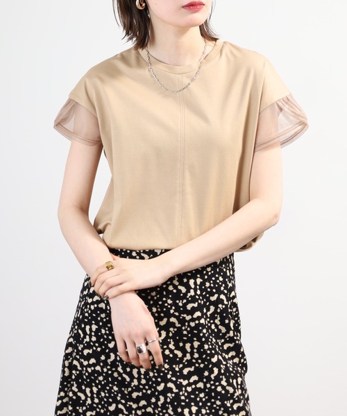 Anna Nicola(アンナニコラ)の「Anna Nicola 袖シアー切り替えカットソー 日本製 半袖(Tシャツ/カットソー・レディース・ブラック/キャメル/ベージュ・38)」の10枚目の写真