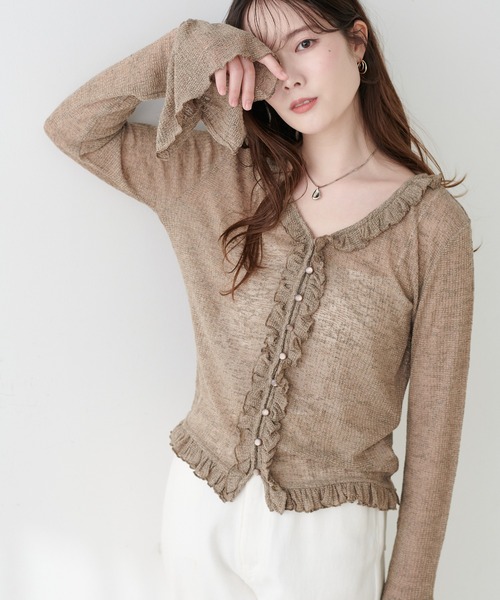 natural couture(ナチュラルクチュール)の「フリルデザインカットカーディガン(カーディガン/ボレロ・レディース・サックスブルー/アイボリー/ネイビー/モカ・FREE)」の11枚目の写真