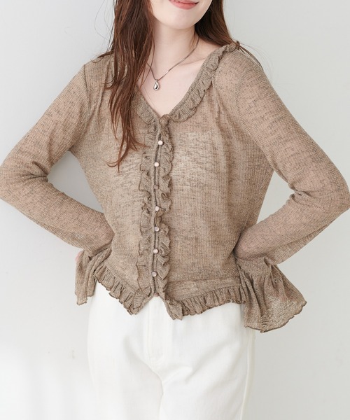 natural couture(ナチュラルクチュール)の「フリルデザインカットカーディガン(カーディガン/ボレロ・レディース・サックスブルー/アイボリー/ネイビー/モカ・FREE)」の12枚目の写真