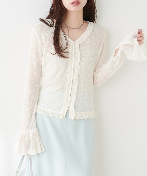 natural couture(ナチュラルクチュール)の「フリルデザインカットカーディガン(カーディガン/ボレロ・レディース・サックスブルー/アイボリー/ネイビー/モカ・FREE)」の5枚目の写真