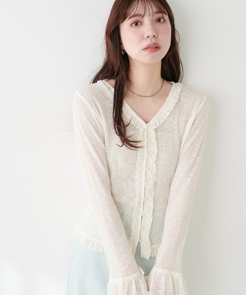 natural couture(ナチュラルクチュール)の「フリルデザインカットカーディガン(カーディガン/ボレロ・レディース・サックスブルー/アイボリー/ネイビー/モカ・FREE)」の6枚目の写真