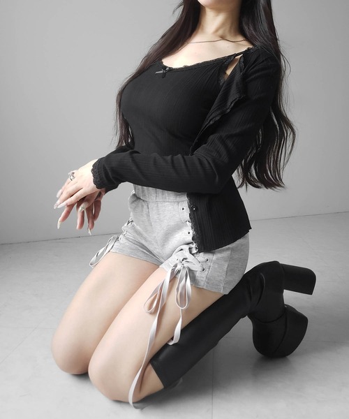 me+em select(ミームセレクト)の「【 2点セット 】フロントリボンレース切替リブキャミソール + カーディガンセット /front ribbon lace lib camisole + cardigan SET(アンサンブル・レディース・ホワイト/ブラック/グレー・FREE)」の11枚目の写真