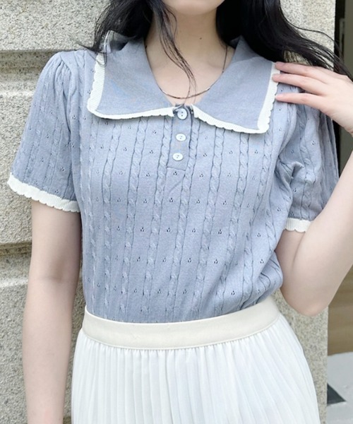 Ada.(エイダ)の「配色 フリルカラー 半袖 リブ ニット トップス(ポロシャツ・レディース・グレー/ブラック/アイボリー/ホワイト・FREE)」の4枚目の写真