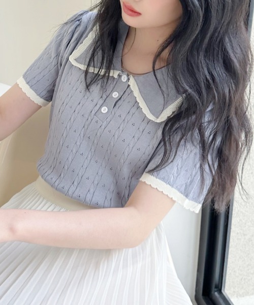 Ada.(エイダ)の「配色 フリルカラー 半袖 リブ ニット トップス(ポロシャツ・レディース・グレー/ブラック/アイボリー/ホワイト・FREE)」の13枚目の写真