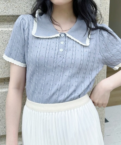 Ada.(エイダ)の「配色 フリルカラー 半袖 リブ ニット トップス(ポロシャツ・レディース・グレー/ブラック/アイボリー/ホワイト・FREE)」の10枚目の写真