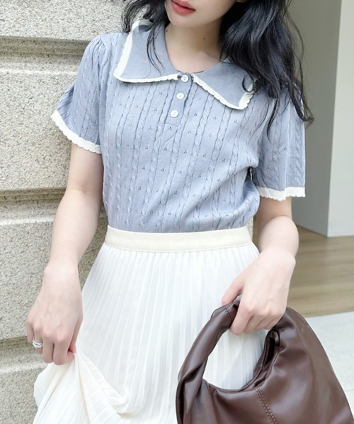 Ada.(エイダ)の「配色 フリルカラー 半袖 リブ ニット トップス(ポロシャツ・レディース・グレー/ブラック/アイボリー/ホワイト・FREE)」の22枚目の写真