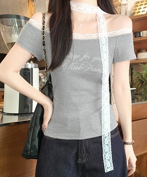 REMUR（レミュール）の「2点セット オフショルレースロゴトップス レースチョーカー付き（Tシャツ/カットソー・レディース・アイボリー/グレー・FREE）」の13枚目の写真