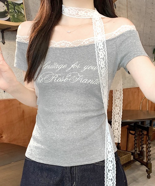 REMUR（レミュール）の「2点セット オフショルレースロゴトップス レースチョーカー付き（Tシャツ/カットソー・レディース・アイボリー/グレー・FREE）」の17枚目の写真