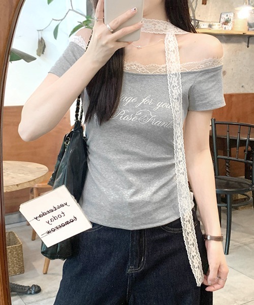 REMUR（レミュール）の「2点セット オフショルレースロゴトップス レースチョーカー付き（Tシャツ/カットソー・レディース・アイボリー/グレー・FREE）」の20枚目の写真