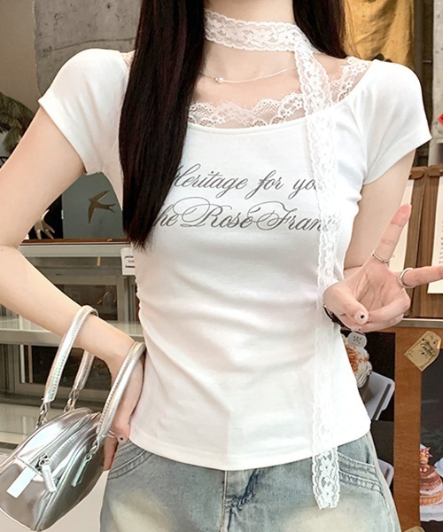 REMUR（レミュール）の「2点セット オフショルレースロゴトップス レースチョーカー付き（Tシャツ/カットソー・レディース・アイボリー/グレー・FREE）」の5枚目の写真