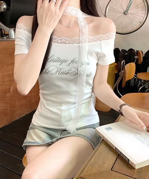 REMUR（レミュール）の「2点セット オフショルレースロゴトップス レースチョーカー付き（Tシャツ/カットソー・レディース・アイボリー/グレー・FREE）」の10枚目の写真