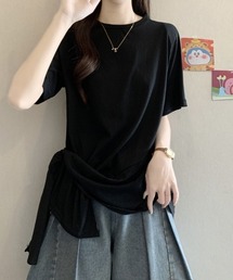 ラウンドネック 半袖 サイドリボン ドレープ Tシャツ