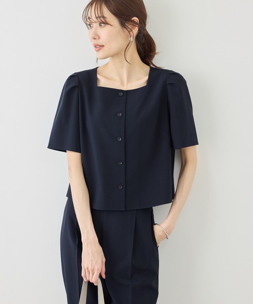 ROPE' PICNIC(ロペピクニック)の「リネンライクシリーズ ドライタッチスクエアネックブラウス/UVカット・接触冷感・防シワ(シャツ/ブラウス・レディース・ブラウン/グレー系その他/ネイビー・FREE)」の4枚目の写真