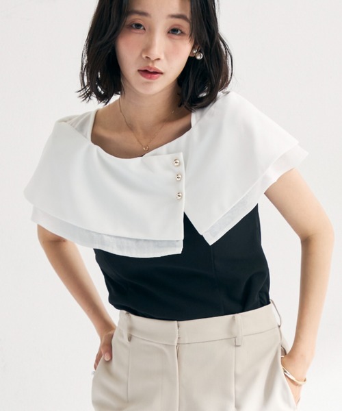 MISCH MASCH（ミッシュマッシュ）の「2026春夏新作 アシメ金釦ケープカットトップス（ニット/セーター・レディース・ブラック×ホワイト/グリーン/ホワイト/ブラック・ﾌﾘ-）」の9枚目の写真