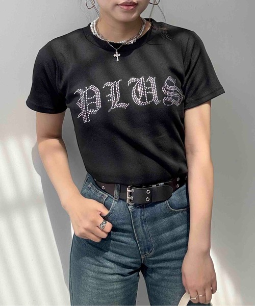 AS KNOW AS plus(アズノゥアズプラス)の「〇ラインストーンブランドロゴ ちびTシャツ(Tシャツ/カットソー・レディース・オフホワイト/ブラック・FREE)」の5枚目の写真