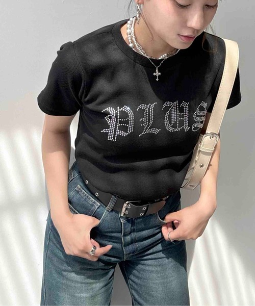 AS KNOW AS plus(アズノゥアズプラス)の「〇ラインストーンブランドロゴ ちびTシャツ(Tシャツ/カットソー・レディース・オフホワイト/ブラック・FREE)」の4枚目の写真