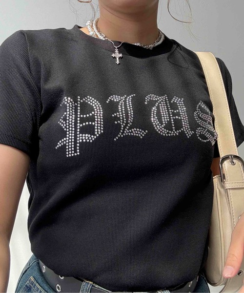 AS KNOW AS plus(アズノゥアズプラス)の「〇ラインストーンブランドロゴ ちびTシャツ(Tシャツ/カットソー・レディース・オフホワイト/ブラック・FREE)」の6枚目の写真