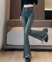 フリンジ裾加工フレアデニムパンツ