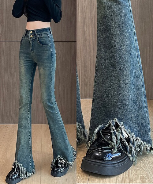 L LABEL(エルラベル)の「フリンジ裾加工フレアデニムパンツ(デニムパンツ・レディース・ライトブルー/インディゴブルー・M-L/S-M)」の2枚目の写真
