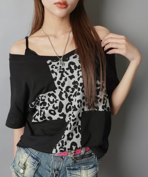 セール】Vネック半袖Tシャツ/ヒョウ柄クロス/平成ギャル（Tシャツ 
