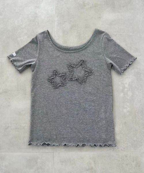 hugi(ハギ)の「STAR MOTIF SLEEVE TOPS / スターモチーフスリーブトップス(Tシャツ/カットソー・レディース・グレー/ホワイト・FREE)」の12枚目の写真
