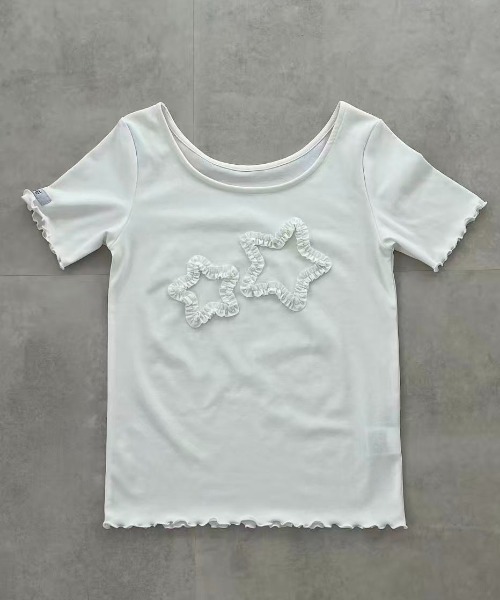 hugi(ハギ)の「STAR MOTIF SLEEVE TOPS / スターモチーフスリーブトップス(Tシャツ/カットソー・レディース・グレー/ホワイト・FREE)」の13枚目の写真
