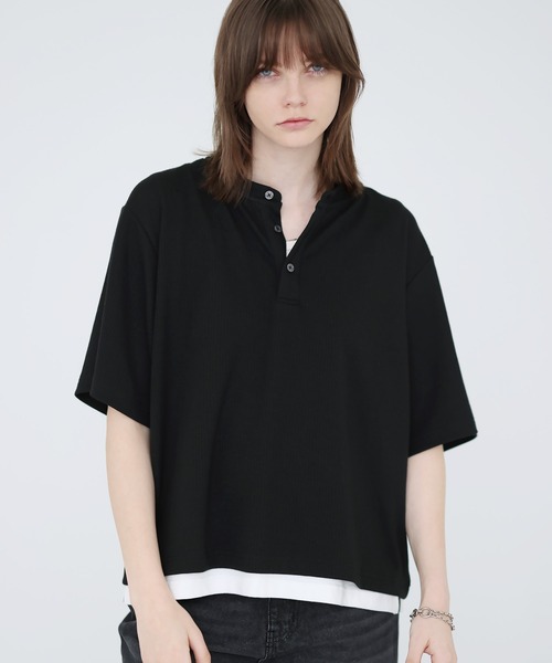 SOCCE(ソーシー)の「ドレープリブヘンリーネックハーフスリーブカットソー(Tシャツ/カットソー・メンズ・ブラック/ライトグレー/ネイビー・L/M/S/XL)」の1枚目の写真