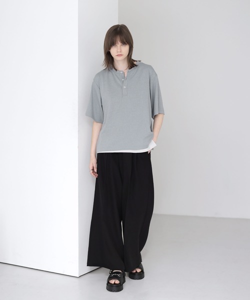 SOCCE(ソーシー)の「ドレープリブヘンリーネックハーフスリーブカットソー(Tシャツ/カットソー・メンズ・ブラック/ライトグレー/ネイビー・L/M/S/XL)」の12枚目の写真
