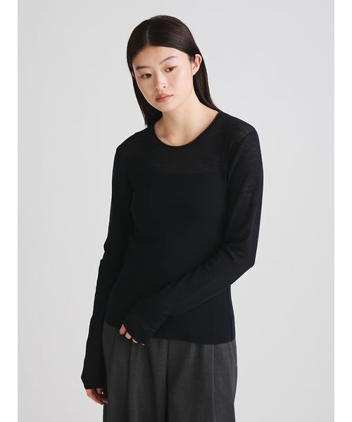 MIESROHE(ミースロエ)の「ウール100 シアーRIBラウンドネックニット(ニット/セーター・レディース・ワインレッド/グリーン/オフホワイト/ダークネイビー・F)」の3枚目の写真