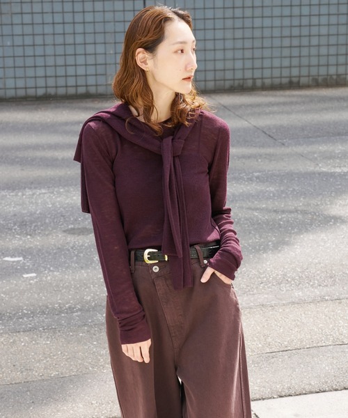 MIESROHE(ミースロエ)の「ウール100 シアーRIBラウンドネックニット(ニット/セーター・レディース・ワインレッド/グリーン/オフホワイト/ダークネイビー・F)」の10枚目の写真