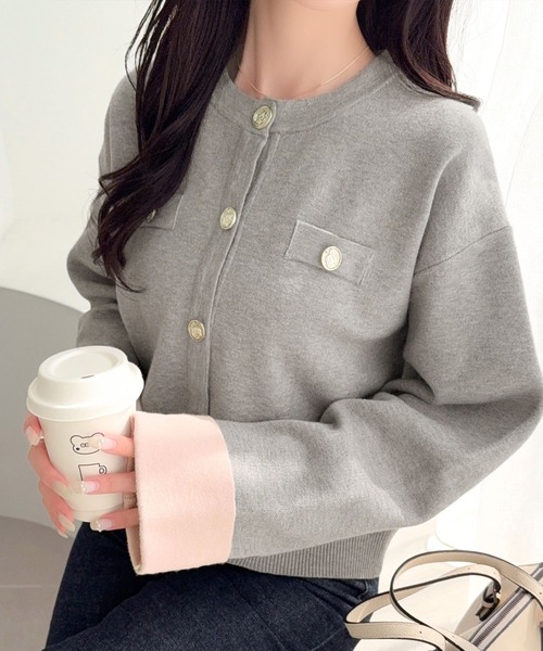 mily bilet(ミウィビレット)の「【mily bilet】一目惚れ注意! きちんと感に、可愛らしさをひとさじ。Wフェイスカーディガン(カーディガン/ボレロ・レディース・アイボリー/ライトグレー/ネイビー/チャコール・LARGE/X-LARGE/SMALL/MEDIUM)」の2枚目の写真