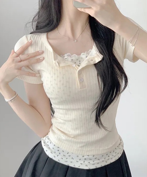 leune（ルネ）の「フラワーレイヤードヘンリーネックリブトップス（Tシャツ/カットソー・レディース・アイボリー/ブルー・FREE）」の6枚目の写真