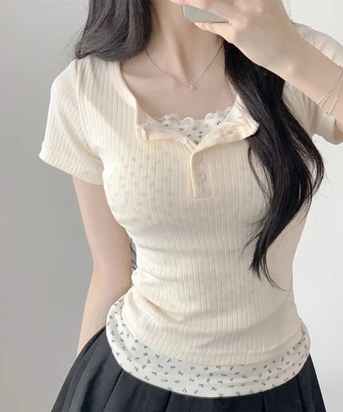 leune（ルネ）の「フラワーレイヤードヘンリーネックリブトップス（Tシャツ/カットソー・レディース・アイボリー/ブルー・FREE）」の7枚目の写真