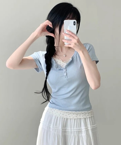 leune（ルネ）の「フラワーレイヤードヘンリーネックリブトップス（Tシャツ/カットソー・レディース・アイボリー/ブルー・FREE）」の9枚目の写真