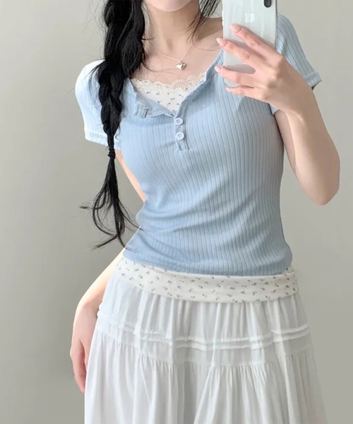 leune（ルネ）の「フラワーレイヤードヘンリーネックリブトップス（Tシャツ/カットソー・レディース・アイボリー/ブルー・FREE）」の10枚目の写真