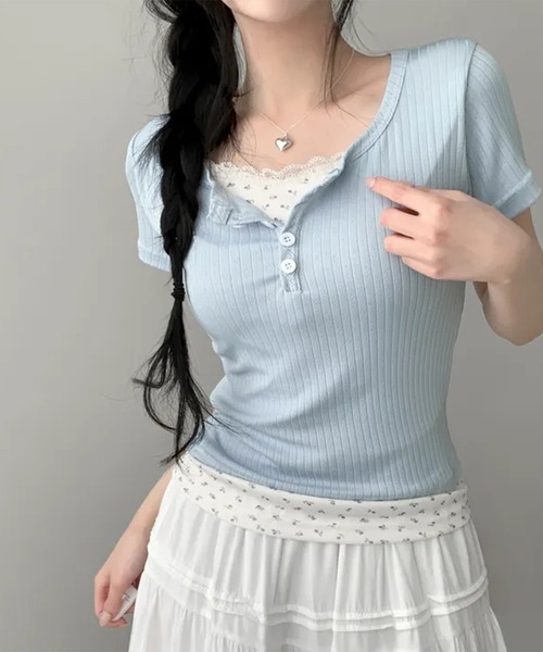 leune（ルネ）の「フラワーレイヤードヘンリーネックリブトップス（Tシャツ/カットソー・レディース・アイボリー/ブルー・FREE）」の11枚目の写真
