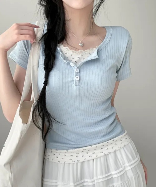 leune（ルネ）の「フラワーレイヤードヘンリーネックリブトップス（Tシャツ/カットソー・レディース・アイボリー/ブルー・FREE）」の12枚目の写真