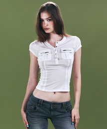 Pansy Pocket Button Short Sleeve Top (White)