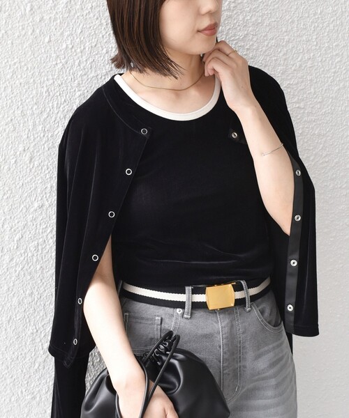 SHIPS Colors(シップス カラーズ)の「SHIPS Colors:〈手洗い可能〉シアー ポリエステル ベロア 配色 タンクトップ◇(タンクトップ・レディース・オフホワイト/ブラック/グレー・ONE SIZE)」の2枚目の写真