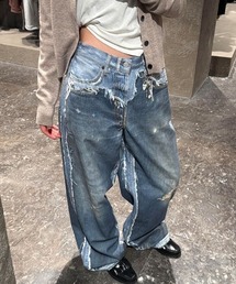 Y2Kヴィンテージ加工 ダメージ風プリントワイドデニムパンツ/ルーズシルエット