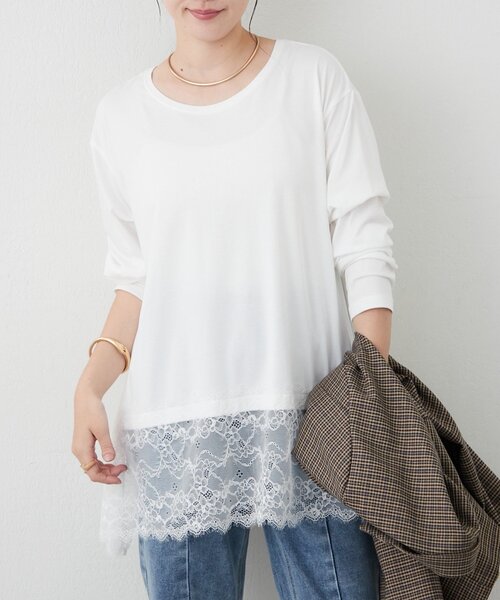 Remind me and forever(リマインドミーアンドフォーエバー)の「【上品レースが覗く】裾レースイレヘムロンT(Tシャツ/カットソー・レディース・ブラック/オフホワイト/ブラウン・FREE)」の1枚目の写真