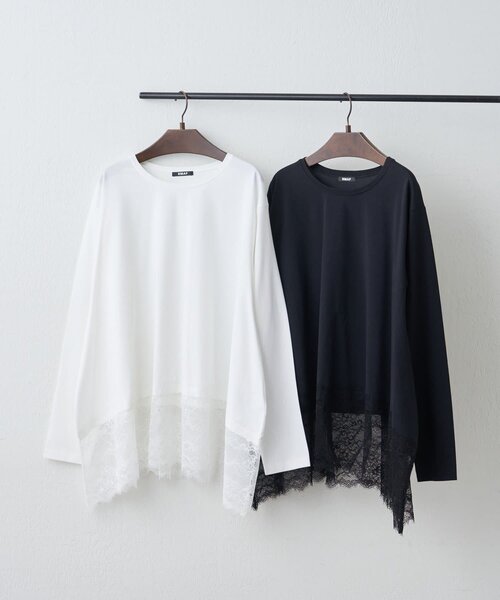 Remind me and forever(リマインドミーアンドフォーエバー)の「【上品レースが覗く】裾レースイレヘムロンT(Tシャツ/カットソー・レディース・ブラック/オフホワイト/ブラウン・FREE)」の4枚目の写真