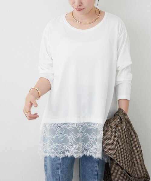 Remind me and forever(リマインドミーアンドフォーエバー)の「【上品レースが覗く】裾レースイレヘムロンT(Tシャツ/カットソー・レディース・ブラック/オフホワイト/ブラウン・FREE)」の5枚目の写真