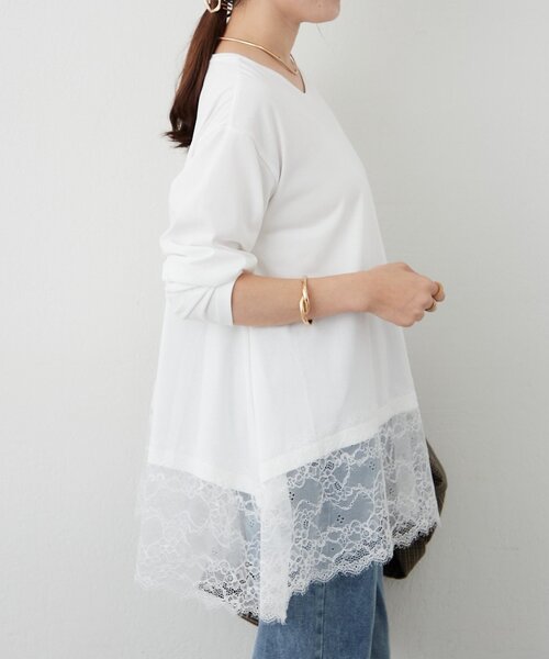 Remind me and forever(リマインドミーアンドフォーエバー)の「【上品レースが覗く】裾レースイレヘムロンT(Tシャツ/カットソー・レディース・ブラック/オフホワイト/ブラウン・FREE)」の7枚目の写真